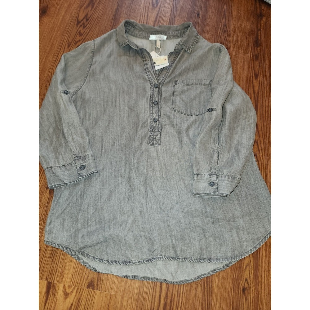 Hester & Orchard Gray Tencel Tunic Top Roll Tab Sleeve Button Down Small NWT - Picture 3 of 9